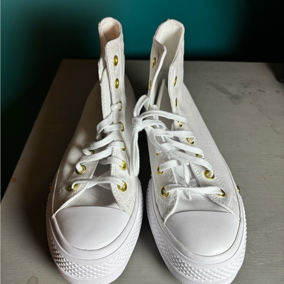 Converse Chuck Taylor Studded Platform White High-Tops with Gold Eyelets - Picture 5 of 10
